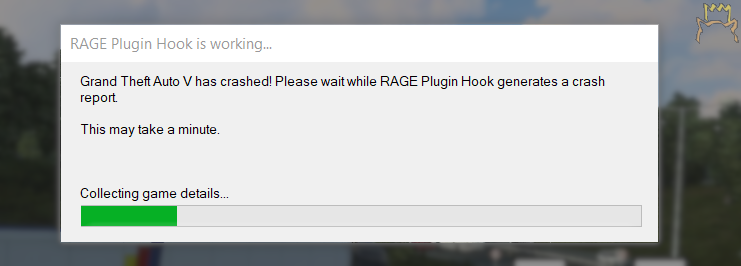 Grand Theft Auto V has crashed! Please wait while RAGE Plugin Hook generates a crash report.