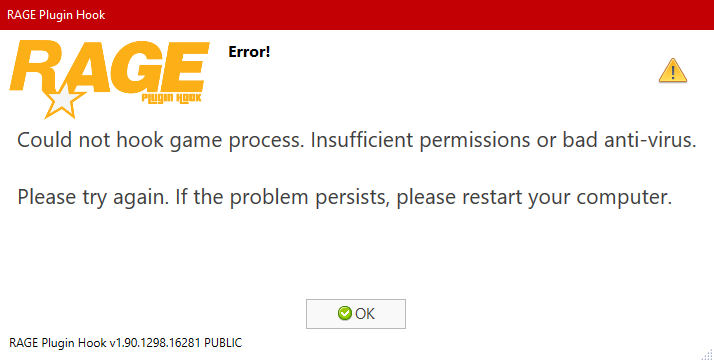 Could not hook game process. Insufficient permissions or bad anti-virus